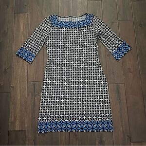 Black White & Blue Geometric Floral Print Dress